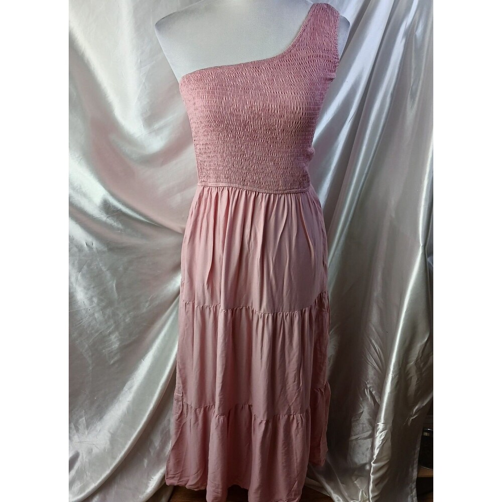ONE SHOULDER ZESICA PINK SMOCKED TIERED MAXI DRESS SIZE S